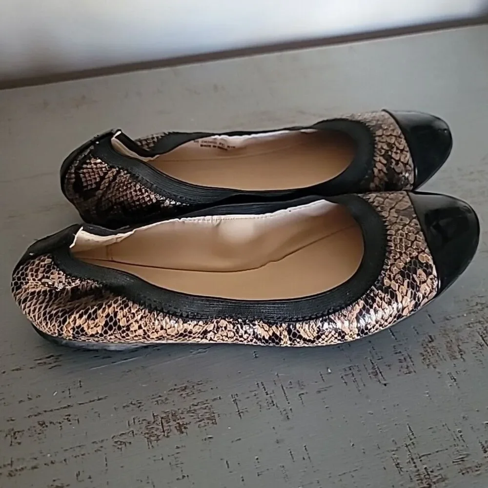 COLE HAAN Snakeskin Black Patent Leather Cap Toe Comfort Ballet Flats Shoes 8b